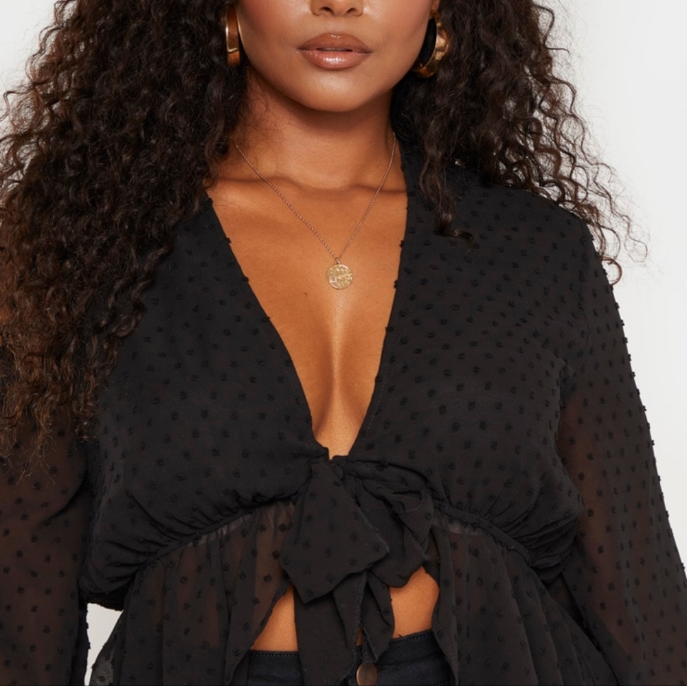 Plus Black Dobby Mesh Tie Front Blouse